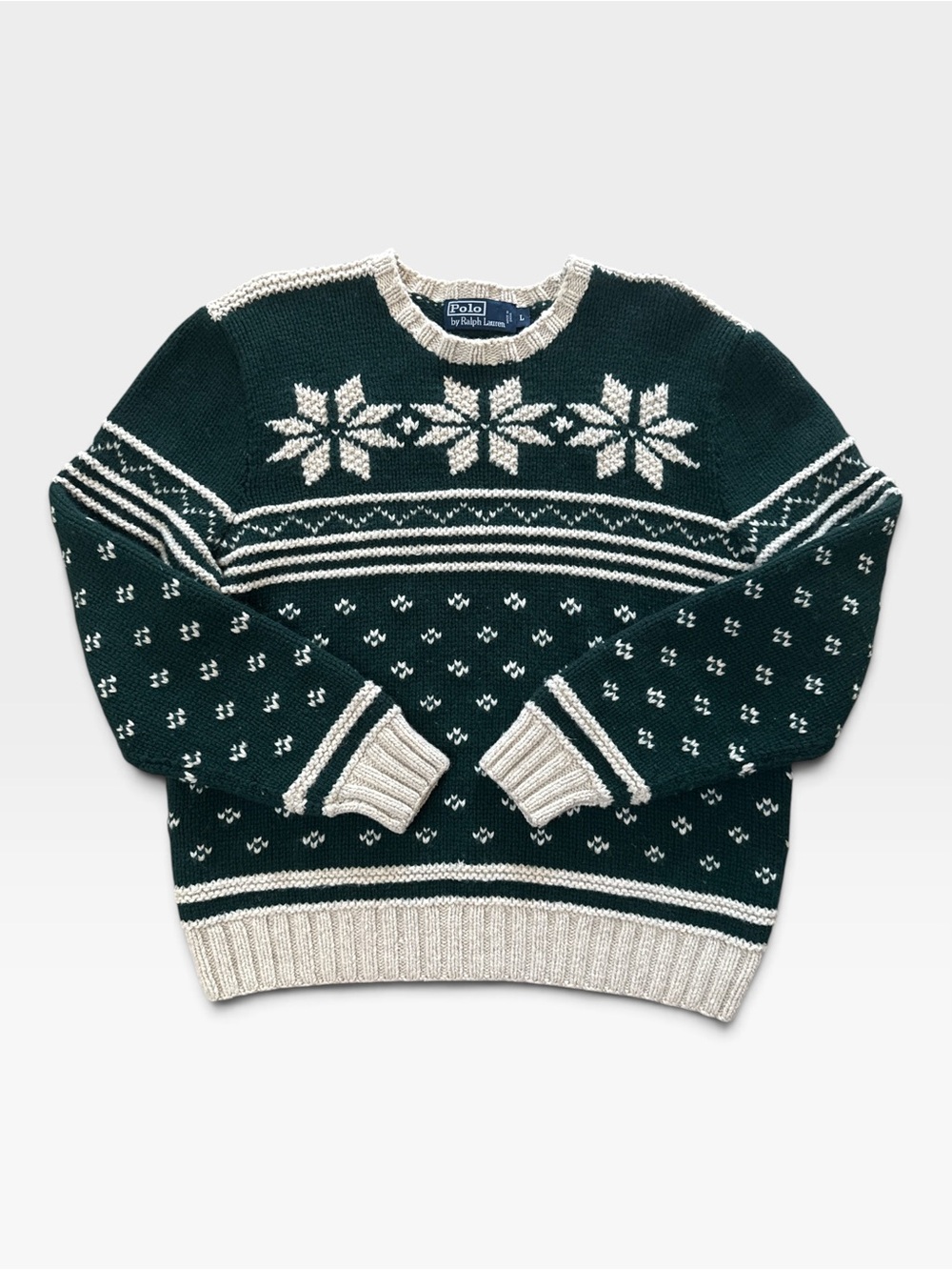 VTG Polo Ralph Lauren Hand Knit Snowflake Sweater Green Wool Blend Large Rare